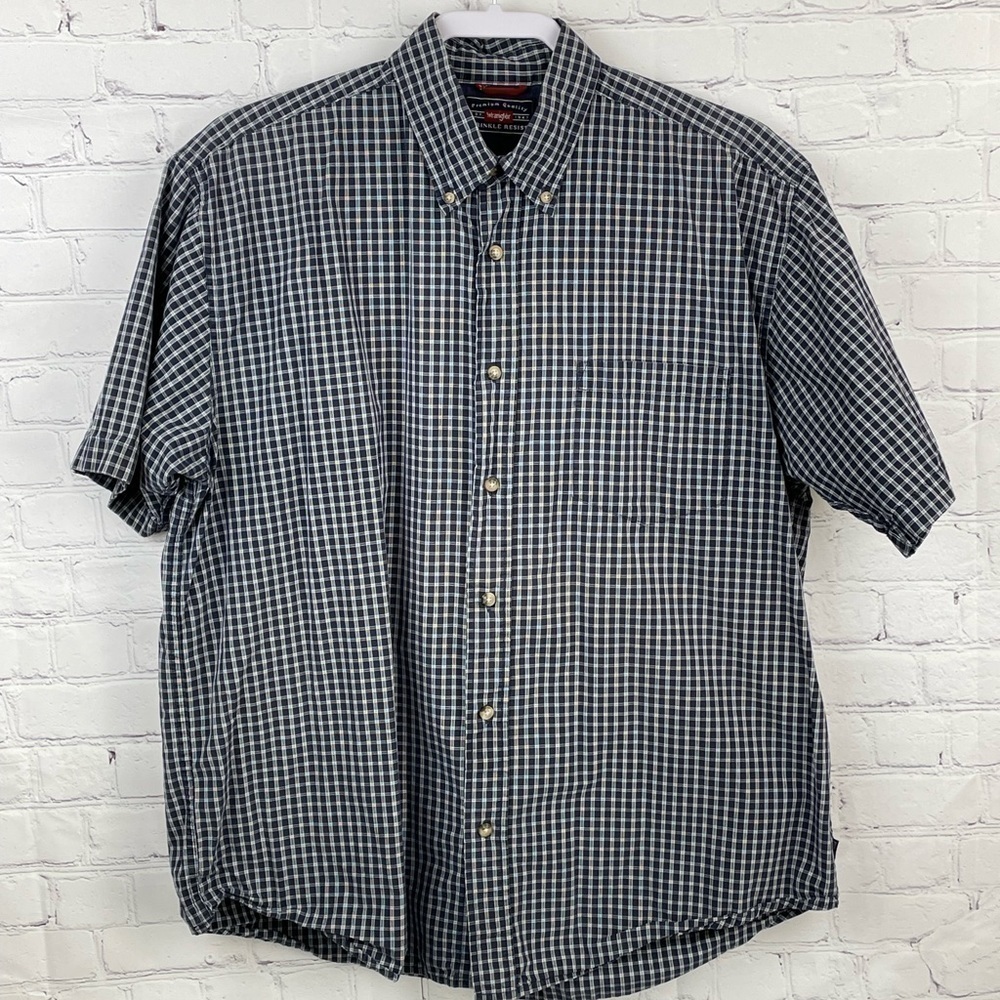 Wrangler Mens Size Large Cotton Blue Widow Pane Check Button Short Sleeve